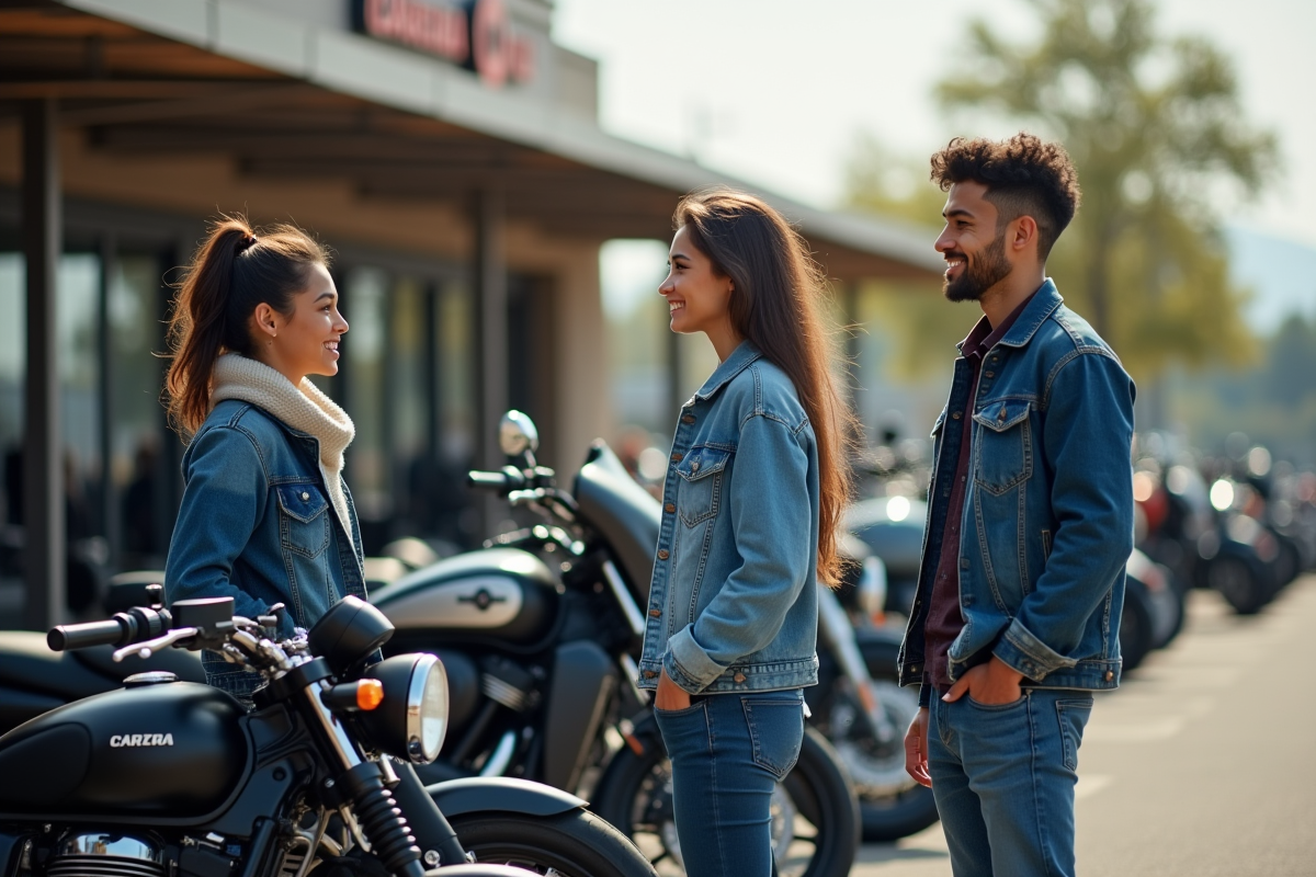 Deux jeunes acheteurs inspectant des motos dans un lot extérieur