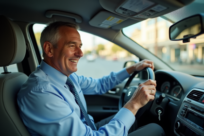 Conducteur de taxi homme en ville assis au volant