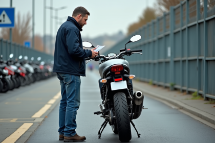 Inspecteur moto vérifiant la plaque d'immatriculation en extérieur