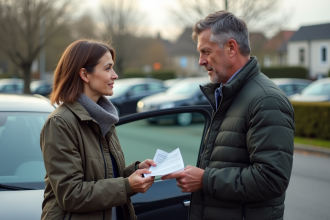 Un couple français échangeant la carte grise devant une voiture