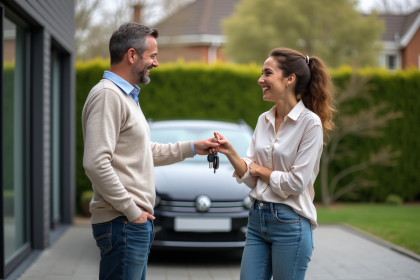 Homme en casual donne des clés à une femme souriante devant la voiture
