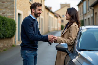 Homme et femme échangeant les clés d'une voiture devant une maison