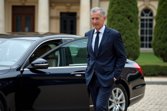 Homme en costume navy sortant d'une voiture officielle devant l'elysee