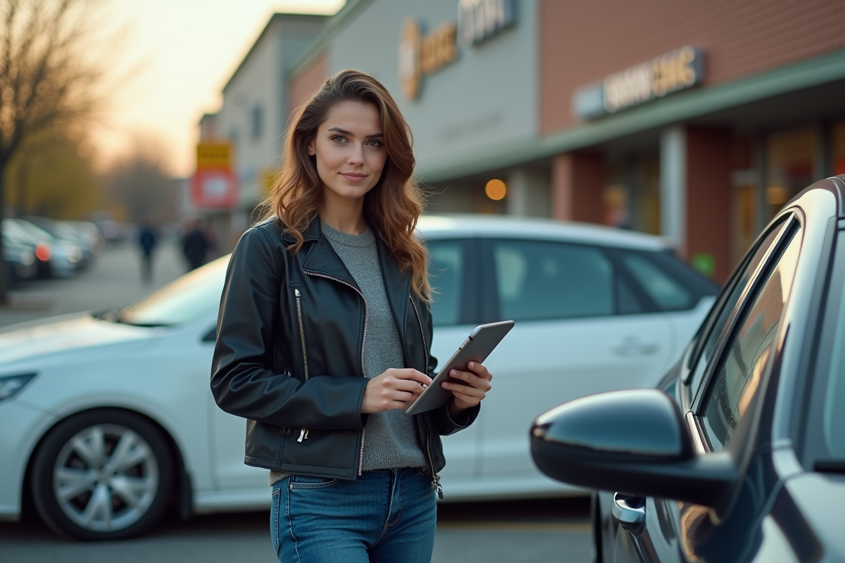 Jeune femme fière à côté de sa voiture dans un centre commercial