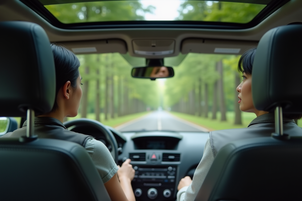 Jeune femme regardant le toit du véhicule depuis l