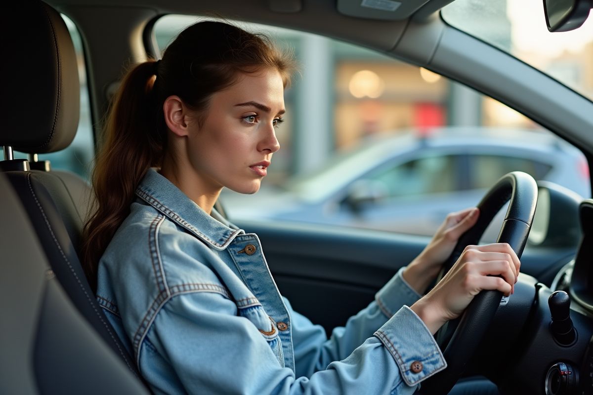 Jeune femme dans une voiture citadine en ville