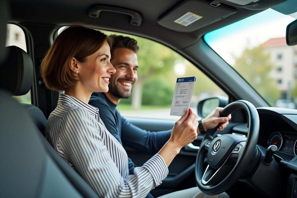 Femme montrant son permis de conduire dans une voiture en ville