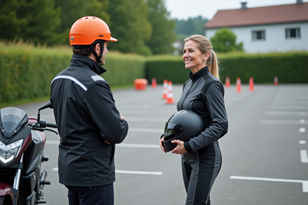 Femme en moto textile discutant avec instructeur devant moto