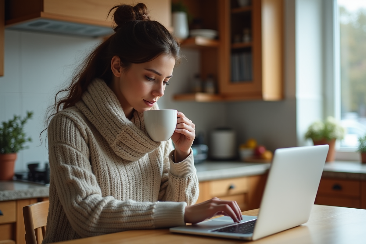 Femme regardant des annonces de voitures à la maison