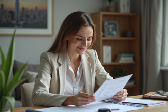 Femme lisant documents d'assurance voiture à son bureau