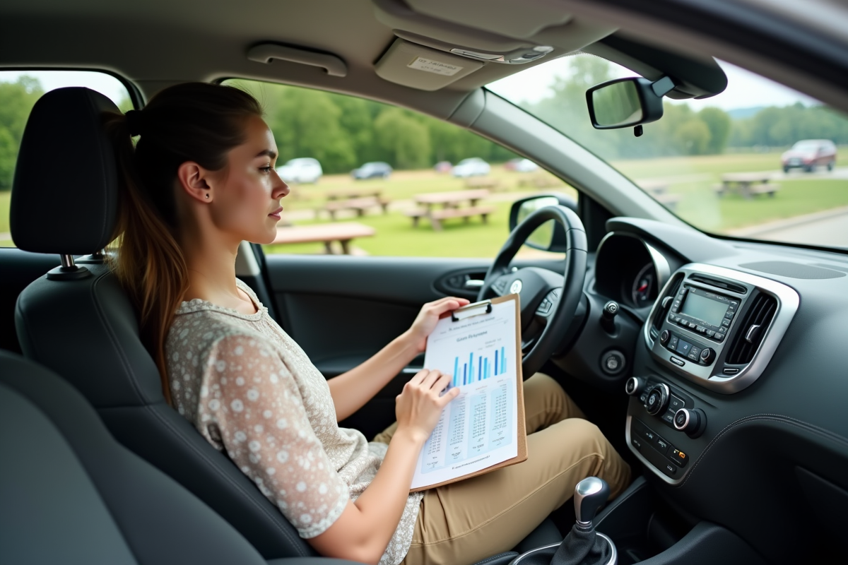 Jeune femme lisant un graphique de consommation dans sa voiture