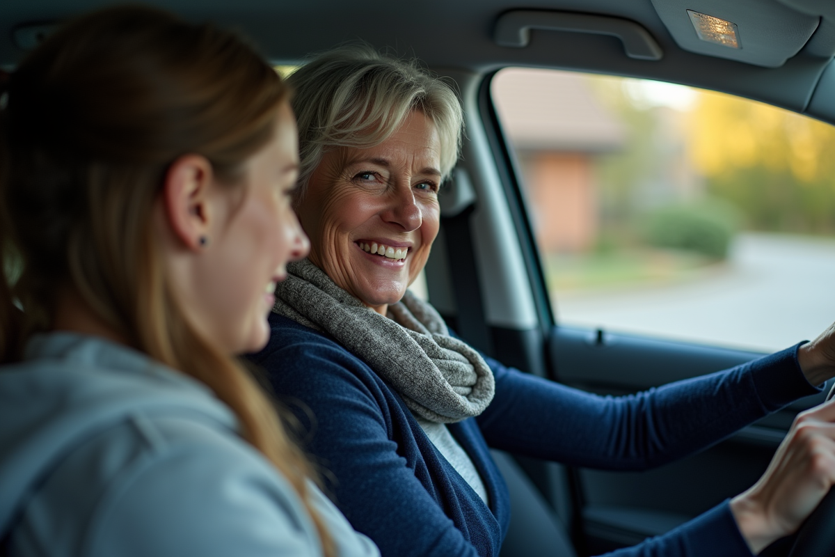 Femme souriante avec adolescente dans l intérieur de la voiture