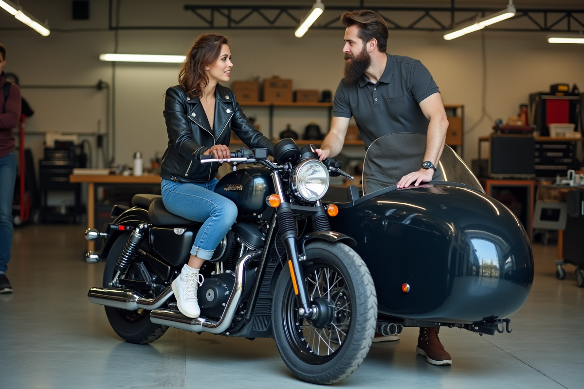 Femme en moto jacket sur une moto dans un garage organisé