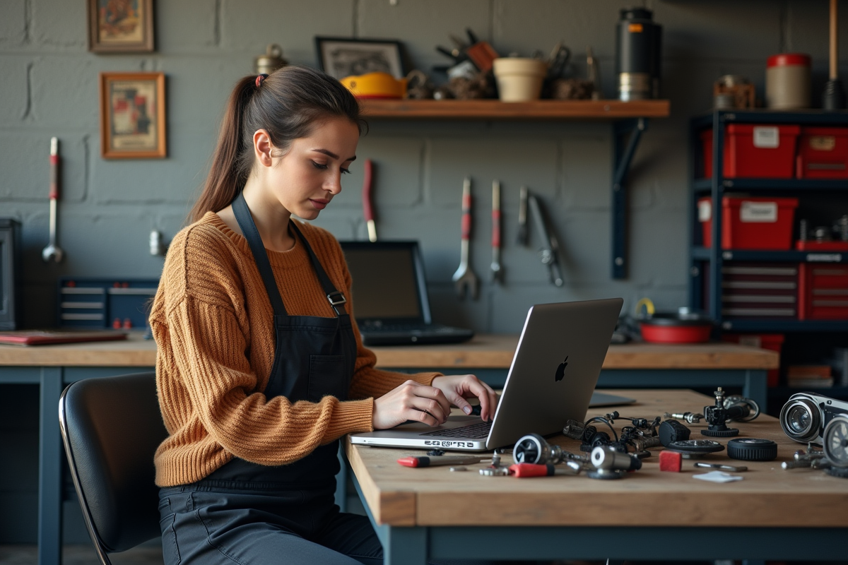 Femme étudiant une pièce automobile dans un garage