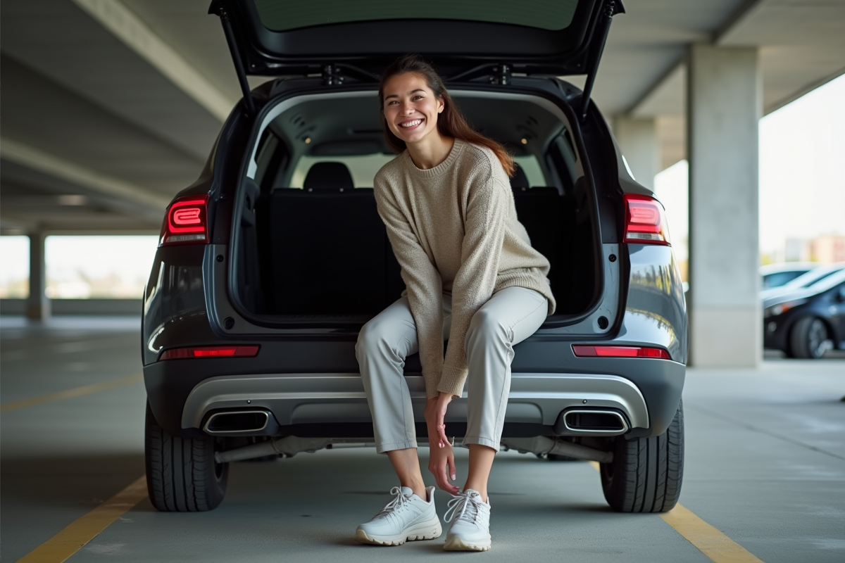 Jeune femme attachant ses chaussures de course dans un parking
