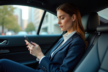 Jeune femme en costume dans une voiture VTC regardant son téléphone