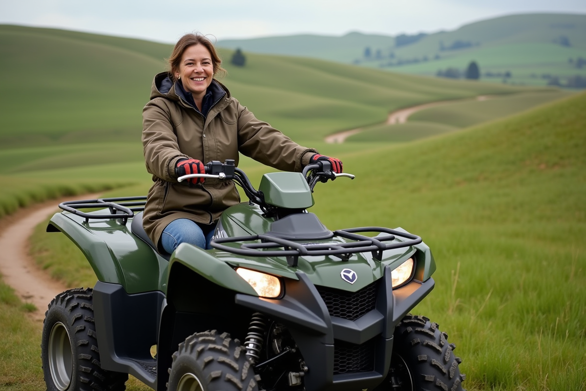 Femme souriante en quad 500cc dans un champ verdoyant