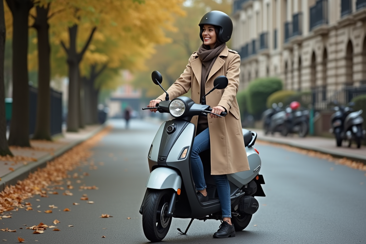 Femme en trench beige sur scooter dans quartier calme