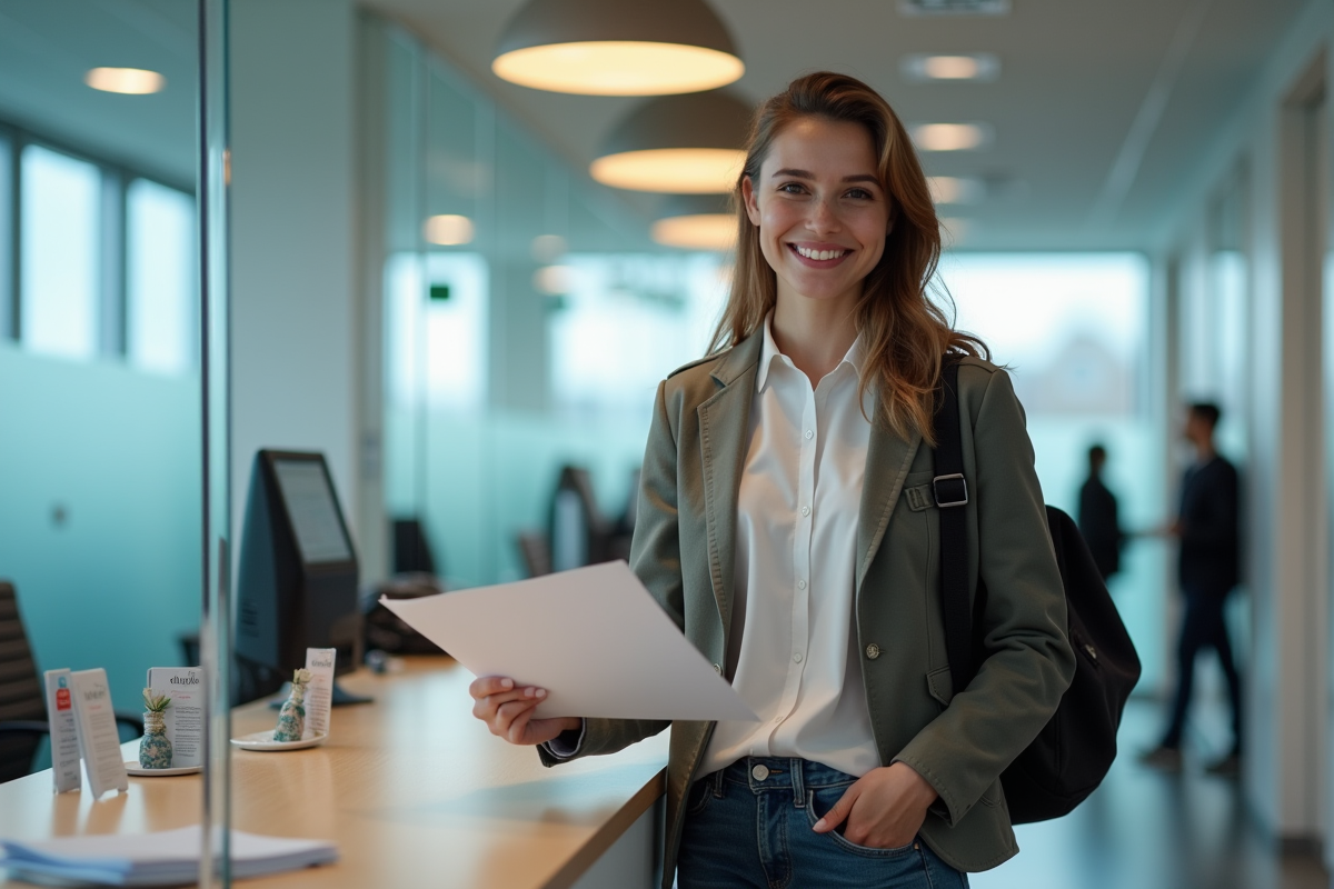 Jeune femme souriante remettant un document au guichet
