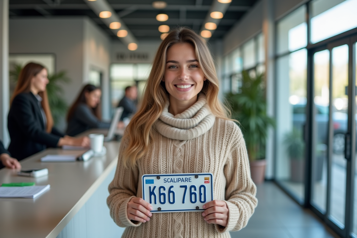 Jeune femme souriante tenant une nouvelle plaque d