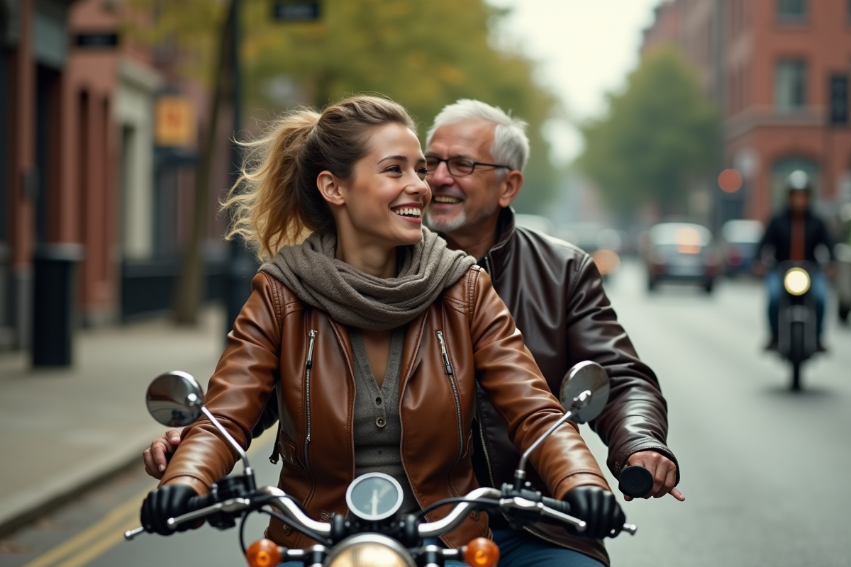 Femme souriante dans le sidecar en ville