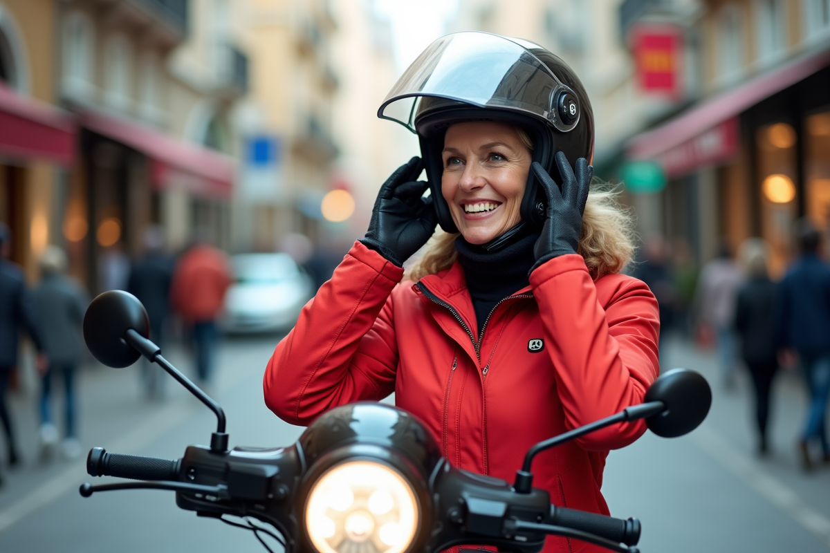 Femme ajustant son intercom sur un casque en ville