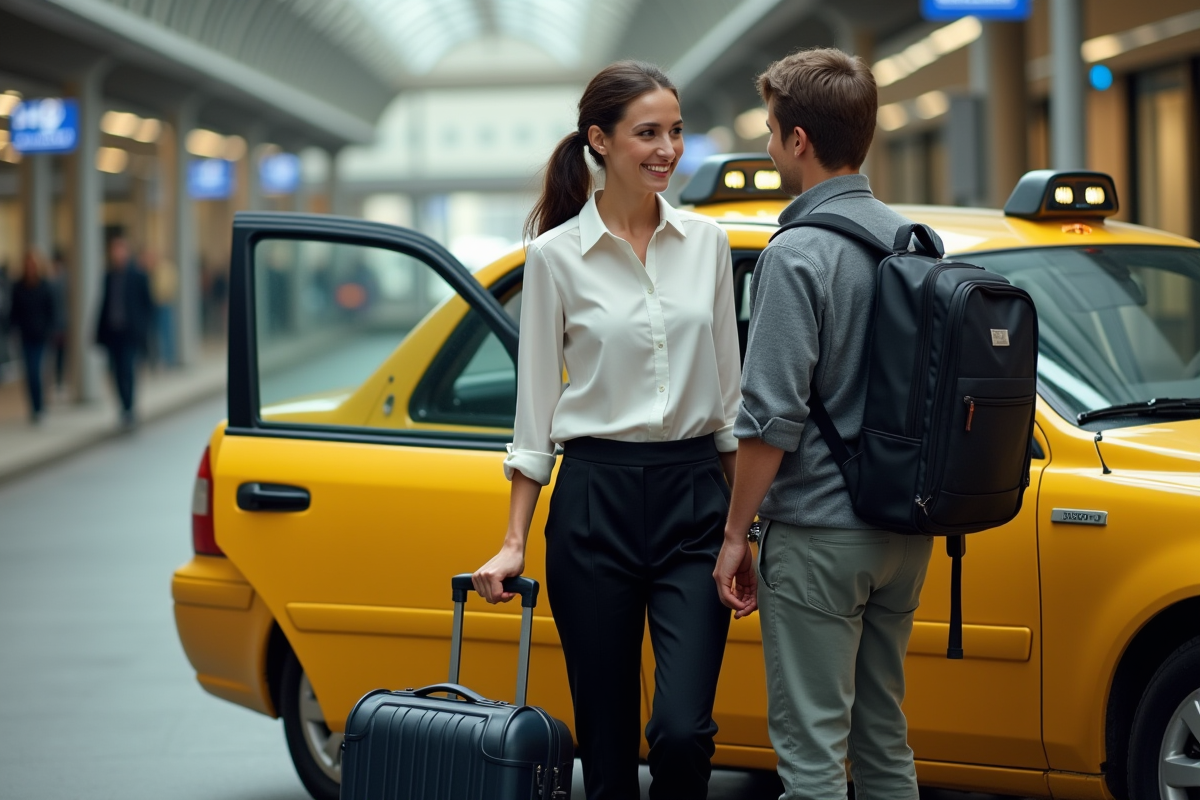 Femme taxi aidant un passager avec ses bagages