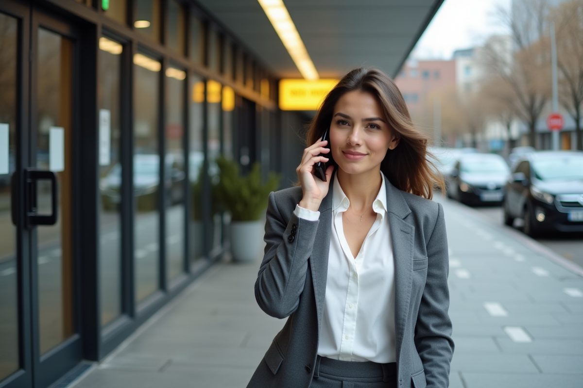 Jeune femme parlant au téléphone devant un bâtiment officiel