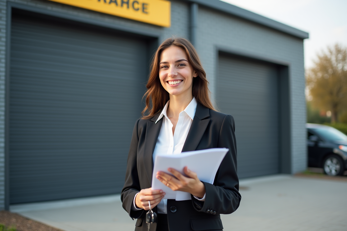 Femme souriante tenant clés et documents devant un garage