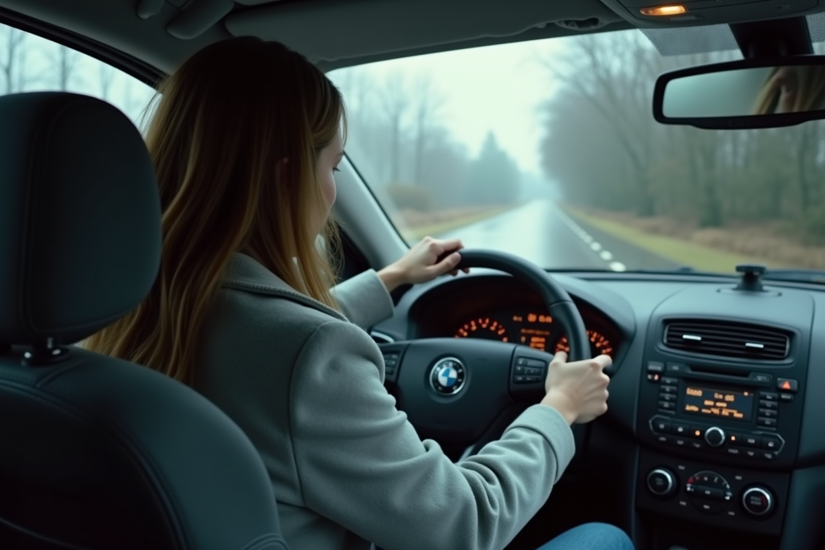 Jeune femme au volant ajustant ses phares sous la pluie