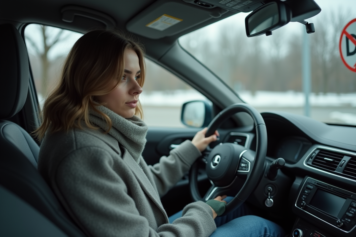 Jeune femme dans sa voiture regardant un panneau diesel interdit