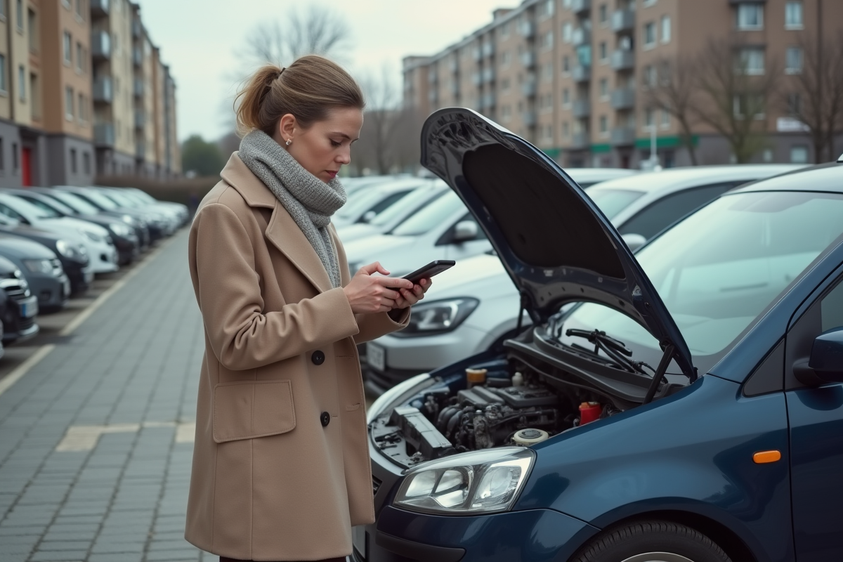 Femme vérifiant le moteur de sa voiture avec smartphone dans un parking