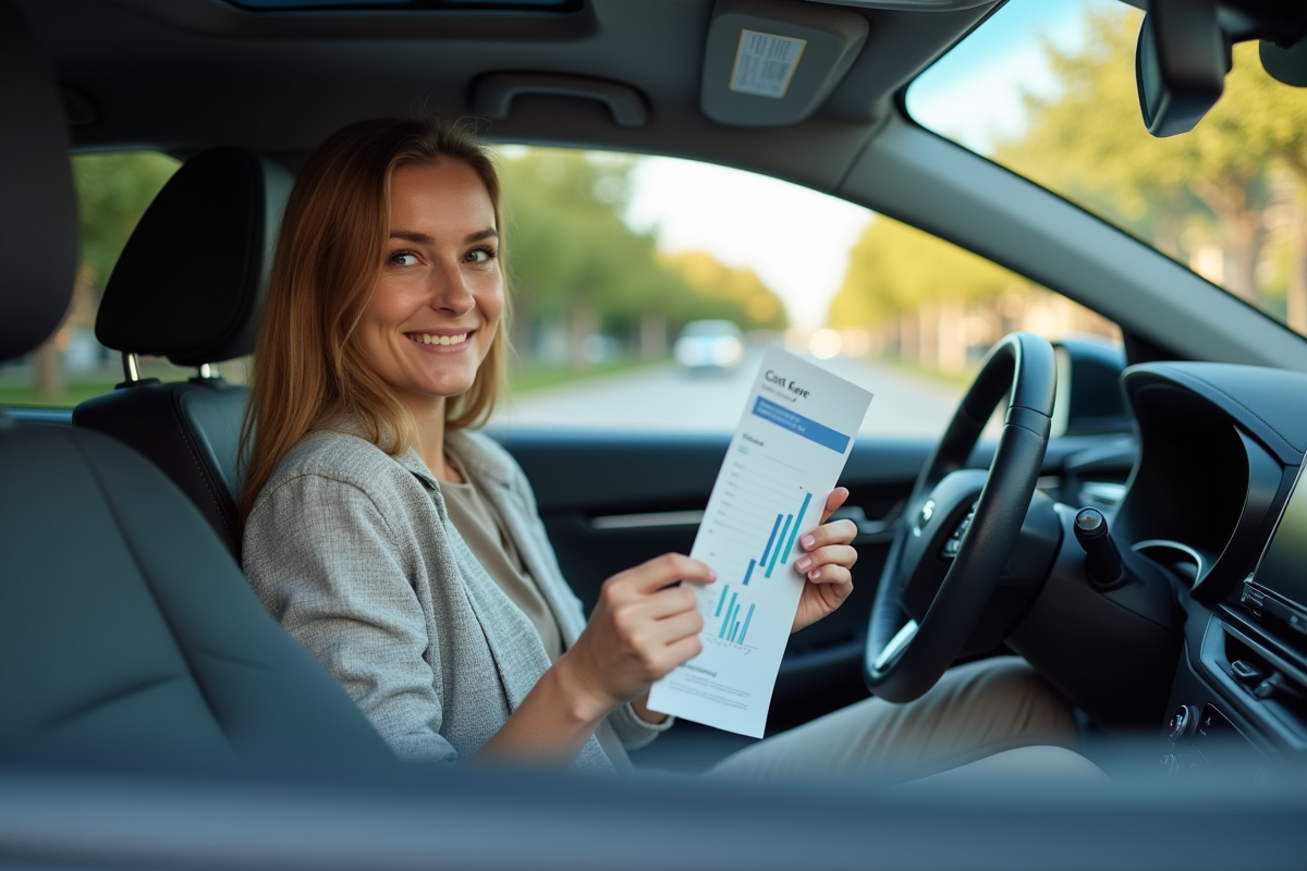 Femme souriante dans une voiture hybride avec graphique de coûts