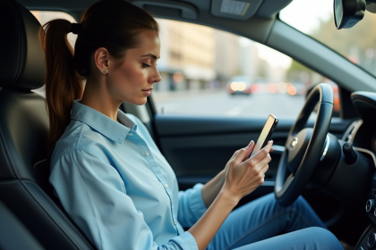 Jeune femme conduisant une voiture en vérifiant la navigation