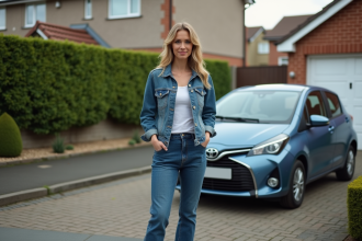 Femme en denim à côté d'une voiture compacte dans une rue résidentielle