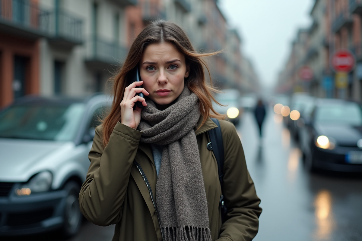 Jeune femme parlant au téléphone près de sa voiture accidentée