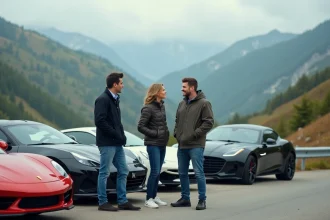 Groupe de trois adultes avec voitures sport modernes en montagne