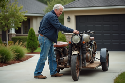 Homme d'âge moyen chargeant une vieille moto sur une remorque dans une cour