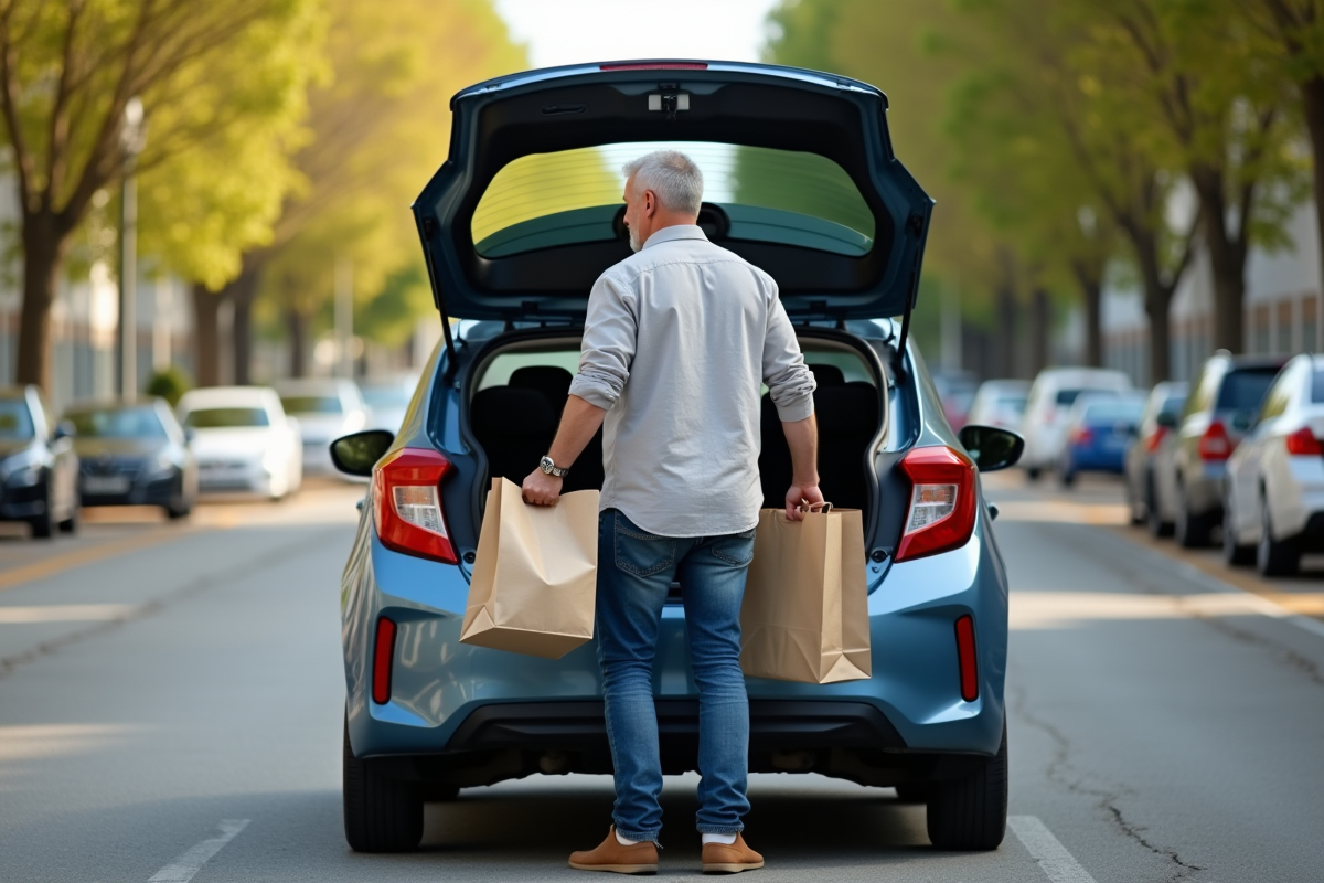 Homme chargeant ses courses dans le coffre de la voiture