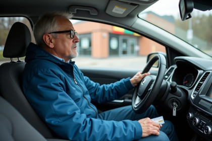 Homme d'âge moyen dans sa voiture avec son permis de conduire