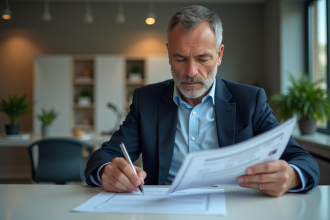 Homme français examine des documents dans un bureau organisé