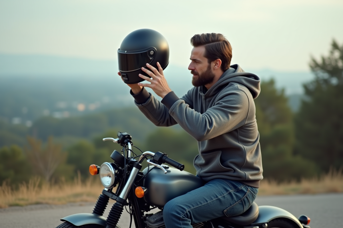 Homme ajustant un casque de moto à l