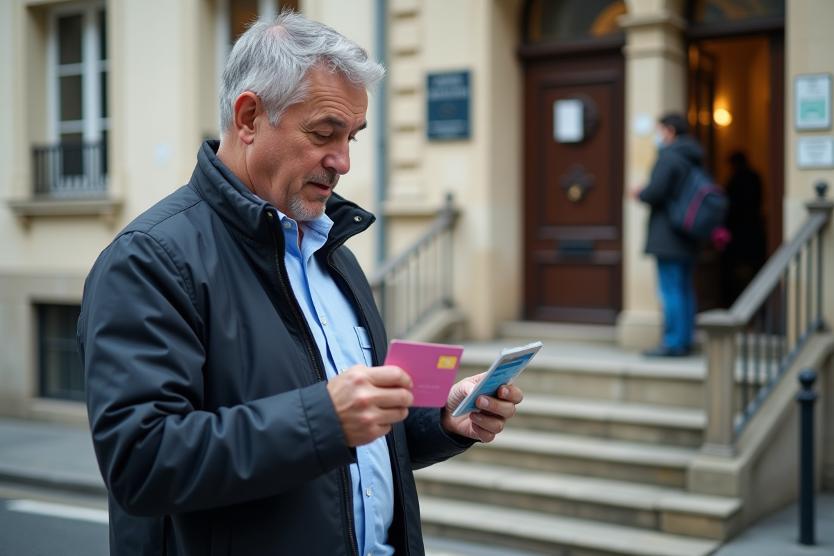 Homme vérifiant sa nouvelle licence devant la mairie