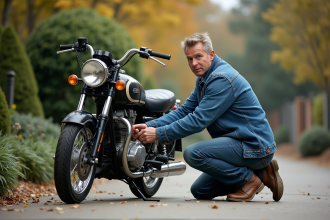 Homme en denim fixant un sidecar à une moto classique