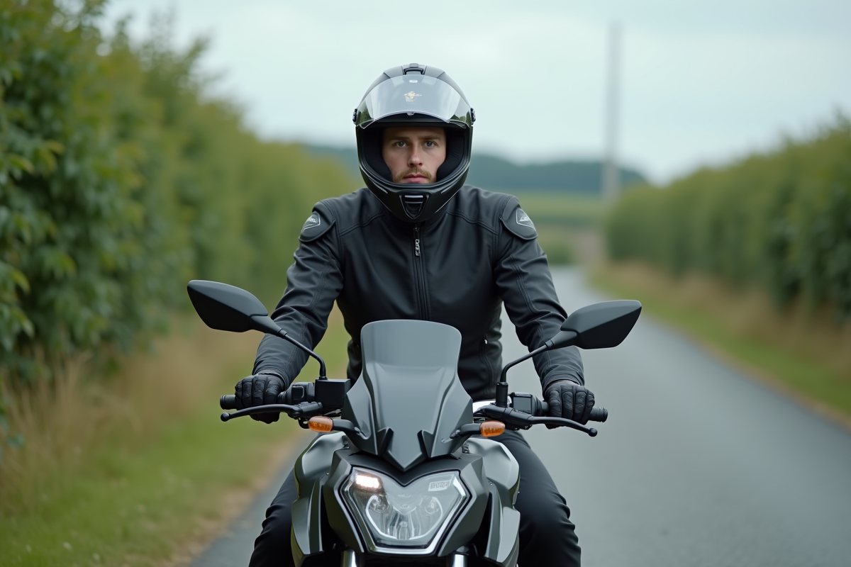 Homme en moto de tourisme sur une route de campagne