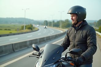 Homme en équipement moto à côté d'une grande moto sur l'autoroute