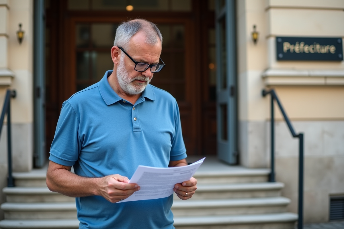 Homme examinant un formulaire devant une préfecture