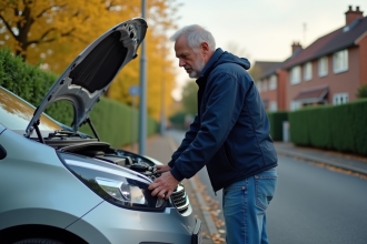 Homme d'âge moyen près du capot d'une voiture compacte