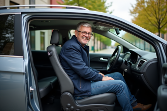 Homme d'âge moyen dans une voiture adaptée en démonstration