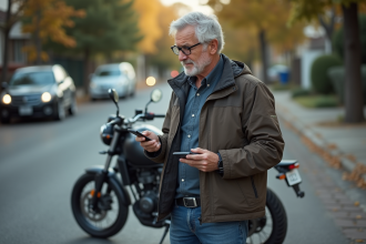 Homme d'âge moyen avec smartphone et moto dans un quartier